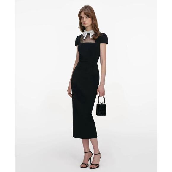 Self-Portrait Black Crepe Bow Collar Midi Dress - Picture 2 of 11